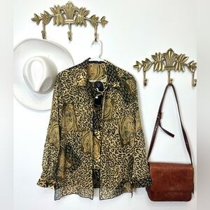 Women’s Animal Print Sheer Button-Down Shirt - Tan/Black L ptp 22.5”